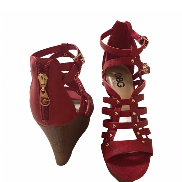 G by Guess Dezzie Dark Red Wedge Open Toe Size 8M - Picture 2 of 5